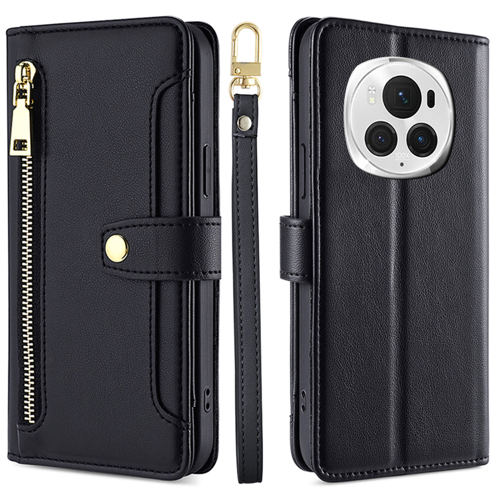 For Honor Magic6 Pro 5G Case Zipper Pocket Wallet Anti-Drop Leather Phone Cover with 2 Straps For Honor Magic6 Pro 5G Case Zipper Pocket Wallet Anti-Drop Leather Phone Cover with 2 Straps